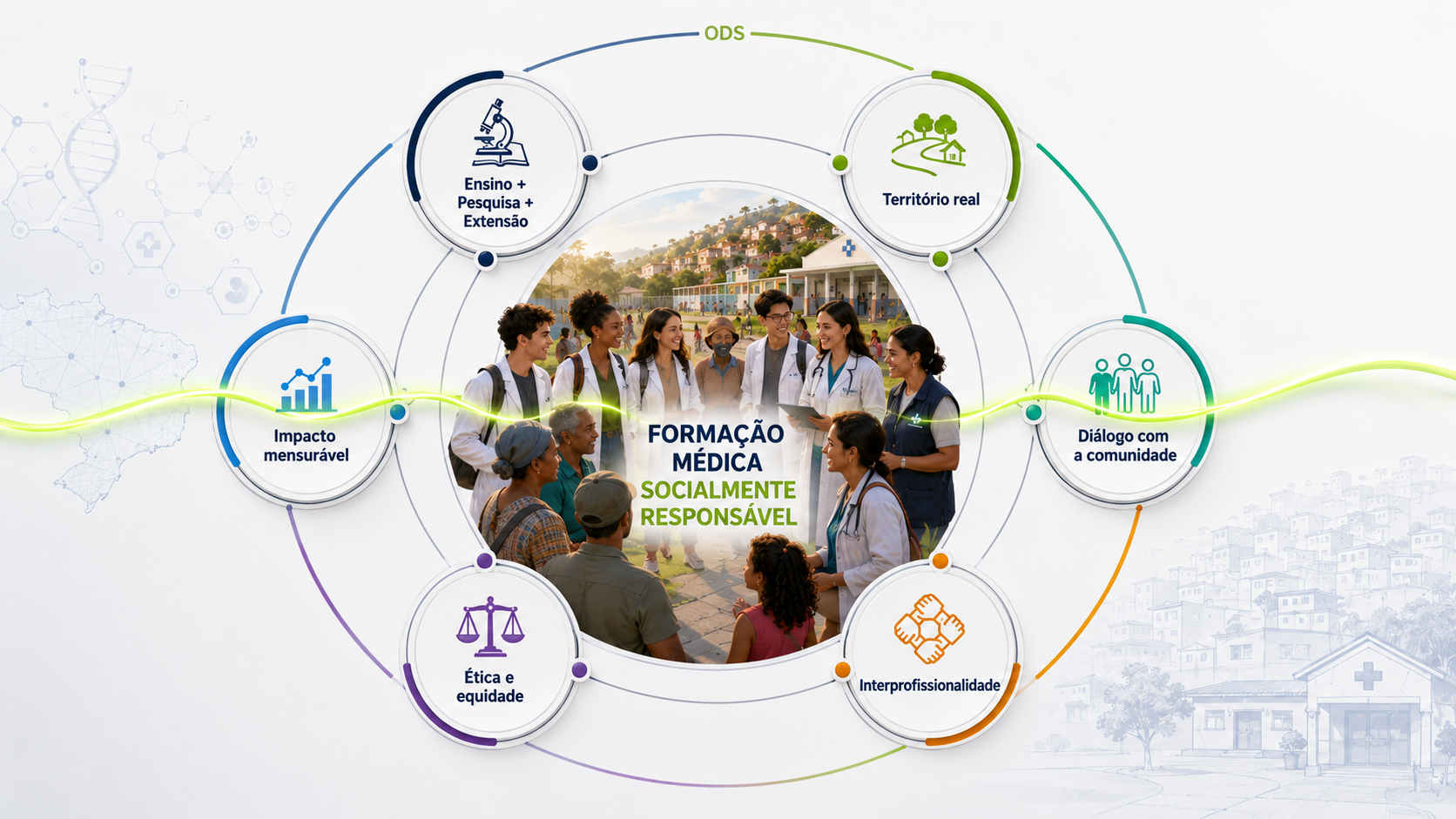 Diagrama circular: seis pilares da formação médica socialmente responsável ao redor de estudantes com a comunidade