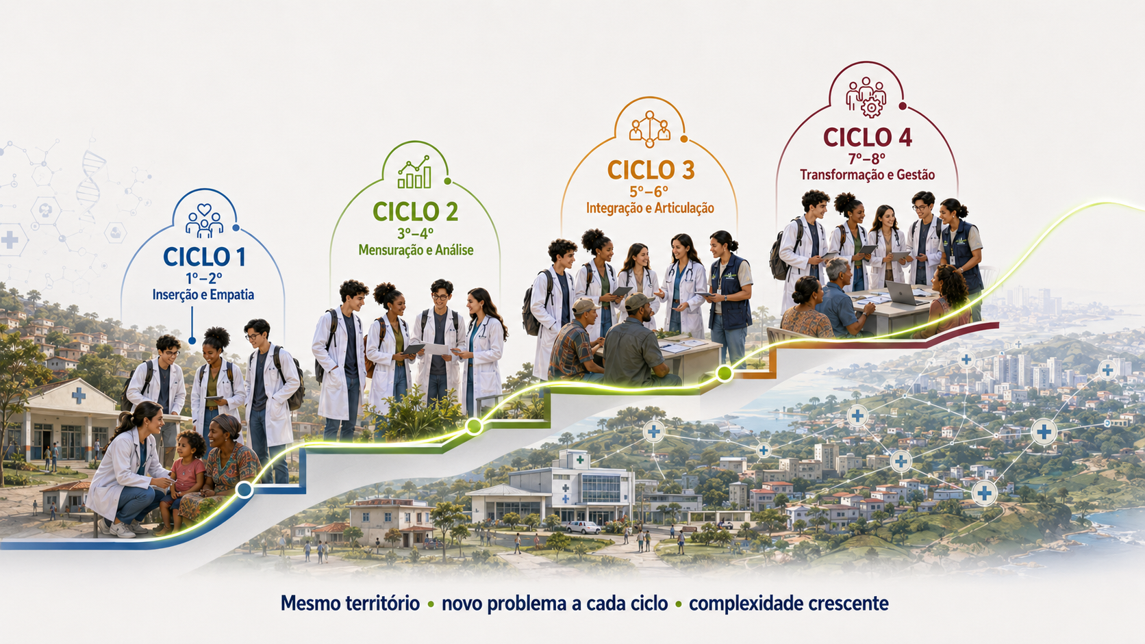Ciclos 1 a 4 da extensão curricularizada: mesmo território, novo problema a cada ciclo, complexidade crescente