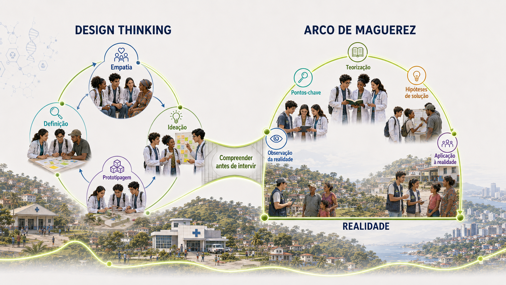 Diagrama das duas metodologias — Design Thinking à esquerda e Arco de Maguerez à direita, ambos aterrados no território